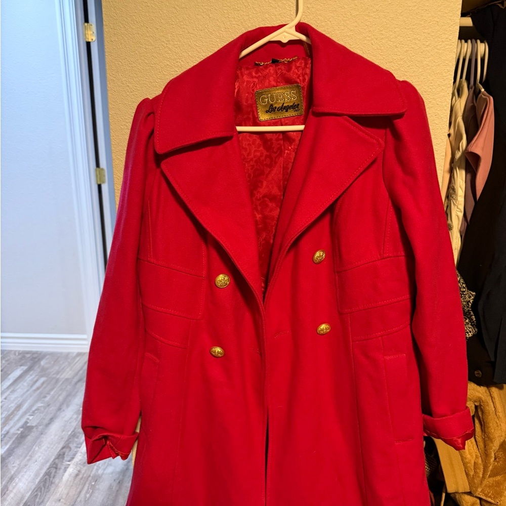 Guess Women's Vibrant Red Trench Coat with Gold Accents